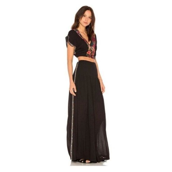 Free People Pants - Free People Pants 2 Santoshi Black Wide Leg Embroidered Boho Hippie Gauzy Crinkl